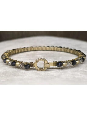 Marlyn Schiff Gold Tone Bead Wrapped Bangle Bracelet Hook Opening Black Gray